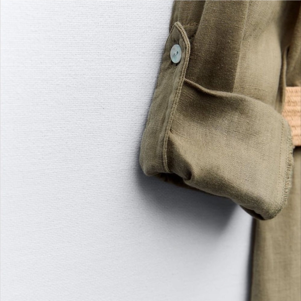 NWT ZARA Woman 100% Linen Belted Shirtdress | Olive Green | Size Small - Picture 5 of 6